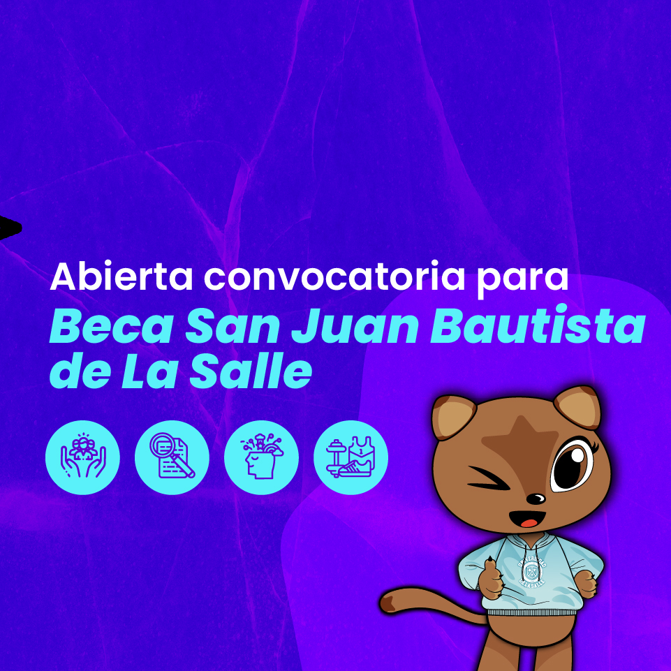 Juana la mascota de Unisalle invitando a la convocatoria de las Becas San Juan Bautista de la Salle